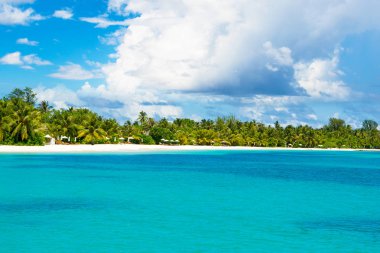 Güzel kumlu plaj şezlong ve şemsiyeler Hint Okyanusu ile