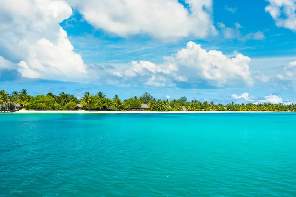 Hermosa playa de arena con tumbonas y sombrillas en el océano Índico — Foto de Stock