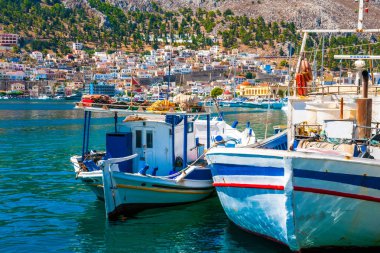 Kalimnos adası, Yunanistan - 1 Eylül 2017: eski kale Pothia - Kalymnos, dünya sünger Merkezi, Kalimnos adası, Oniki Ada, Yunanistan, Eylül 2017 başkenti görünümüne