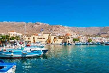 Kalimnos adası, Yunanistan - 1 Eylül 2017: eski kale Pothia - Kalymnos, dünya sünger Merkezi, Kalimnos adası, Oniki Ada, Yunanistan, Eylül 2017 başkenti görünümüne