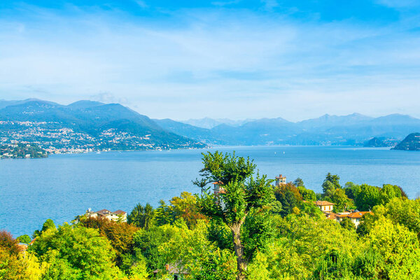 Beautiful autumn landscape of Stresa town on the shores of Lake Maggiore in the Piedmont region of northern Italy