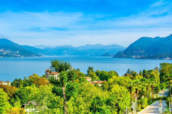 Stresa, Italy - 12 October 2019: Beautiful autumn landscape of Stresa town on the shores of Lake Maggiore in the Piedmont region of northern Italy