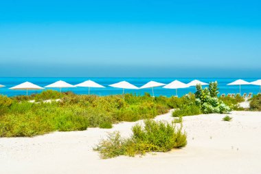 Saadiyat Adası, Birleşik Arap Emirlikleri 'ndeki temiz turkuaz okyanus ve kumlu plajların güzel manzarası. 