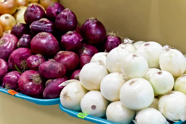 White and violet onion with prices — Stock Photo, Image