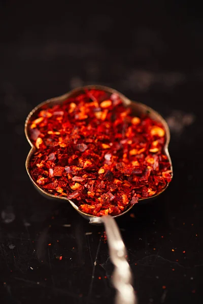 Harissa 香料混合在金属勺 传统摩洛哥红辣椒混合 — 图库照片