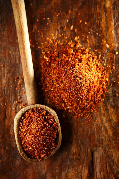 Natuurlijke Grond Zon Gedroogde Tomaten Poeder Houten Lepel — Stockfoto