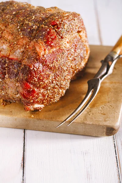 Filete Costilla Ribeye Tablero Madera Con Tenedor — Foto de Stock