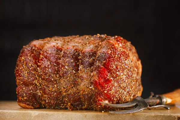 Ribeye Rib Eye Steak Wooden Board Fork — Stock Photo, Image