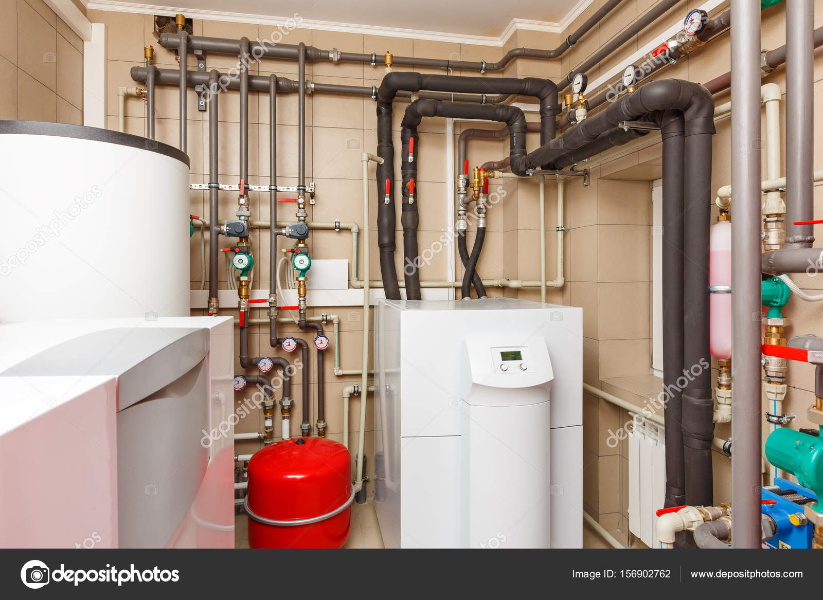Household boiler house with heat pump, barrel; Valves; Sensors a Stock Photo by ©alexxxey.07
