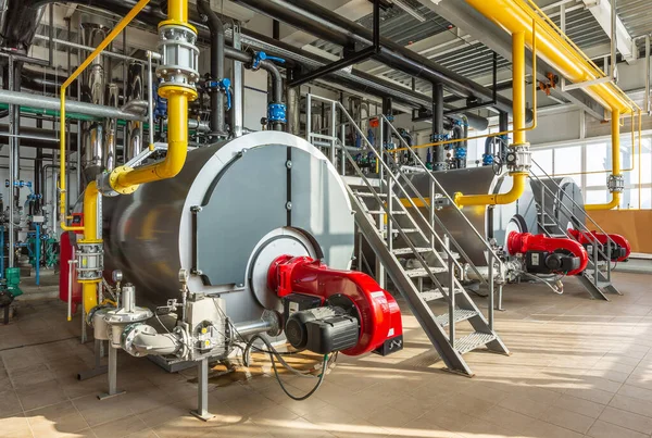 Interior Industrial Boiler Room Three Large Boilers Many Pipes Valves — Stock Photo, Image