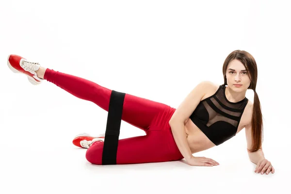 Young Shapely Slim Girl Doing Sport Exercises Rubber Expander Isolated — Stock Photo, Image