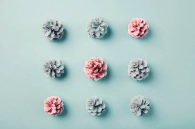 Pembe ve mavi çam kozalakları ile sunulan Tic Tac Toe oyunu