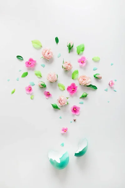 Весенние цветы - розы и фиалки - вырывающиеся из яичной скорлупы — стоковое фото