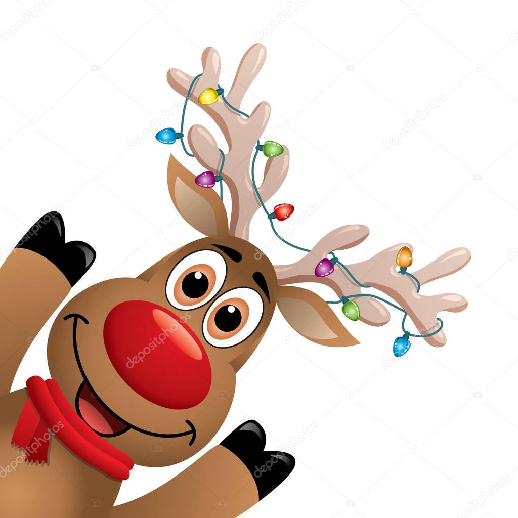 Download Vector Xmas Drawing Of Funny Red Nosed Reindeer Christmas Card Illustration Cartoon Rudolph Deer With Red Scarf And Christmas Lights On Big Horns Blank Copy Space Eps10 Illustration Premium Vector In SVG Cut Files