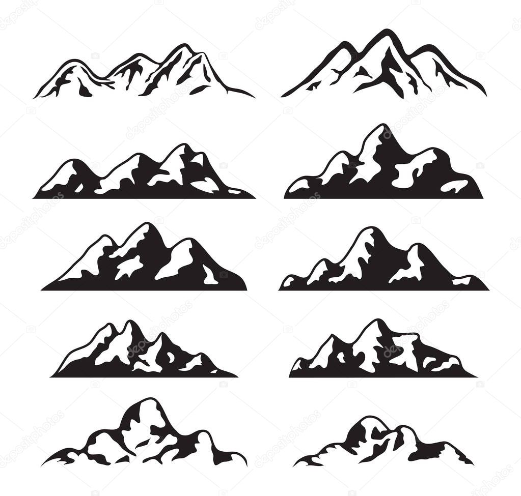 Download vector set of black and white mountain silhouette — Stock ...
