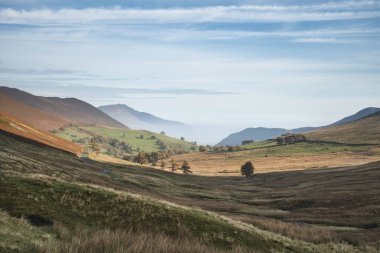 Güzel sonbahar sonbahar gündoğumu sisli manzara resmin üzerine ülke