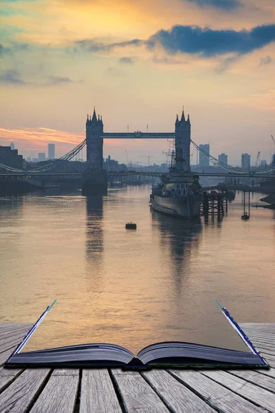 stock image Golden Autumn sunrise over Tower Bridge in London coming out of 