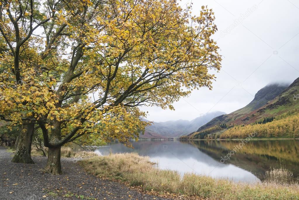 Stuning Autumn Fall landscape image of Lake Buttermere in Lake D
