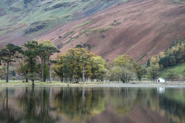Stuning sonbahar sonbahar manzara görüntüsünü Lake Buttermere Gölü d