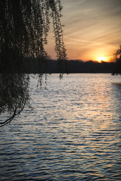 Güzel canlı bahar gündoğumu İngilizce sayısında sakin göl üzerinde — Stok fotoğraf
