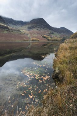 Stuning sonbahar sonbahar manzara görüntüsünü Lake Buttermere Gölü d