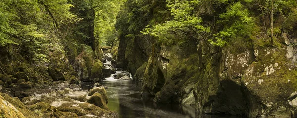 Atemberaubendes Landschaftspanorama mit Fluss, der durch tiefe Seite fließt — Stockfoto
