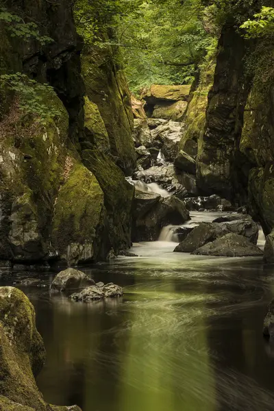 Splendido paesaggio con fiume che scorre attraverso profonda gola parteggiata w — Foto Stock