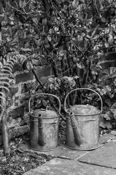 Deux vieilles canettes d'arrosage dans le style vintage image de contry anglais g — Photo