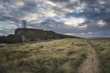 Manzara resim Twr Mawr deniz feneri rüzgarlı otsu footpat ile