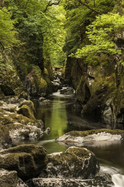 Stunning ethereal landscape of deep sided gorge with rock walls — Stock Photo, Image