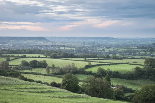 Beautiful dawn landscape over Somerset Levels in English country — Stock Photo, Image