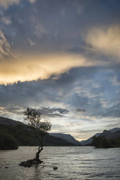 Beautiful landscape image of Llyn Padarn at sunrise in Autumn in — Stock Photo, Image