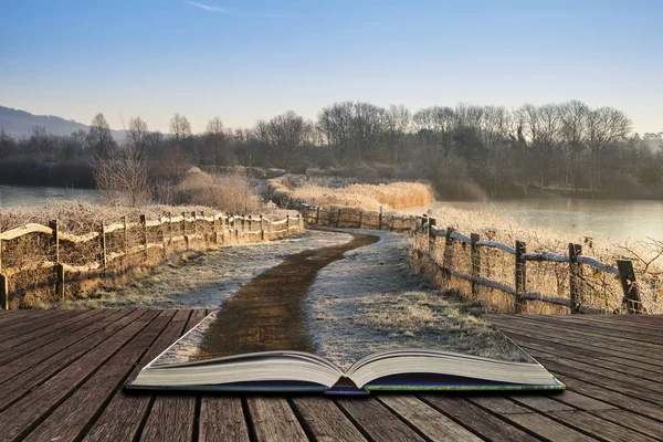 Beautiful vibrant English countryside lake image with frost and — Stock Photo, Image