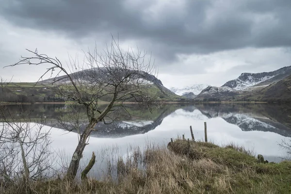 Piękny zimowy krajobraz obraz Llyn Nantlle w Snowdonia Na — Zdjęcie stockowe