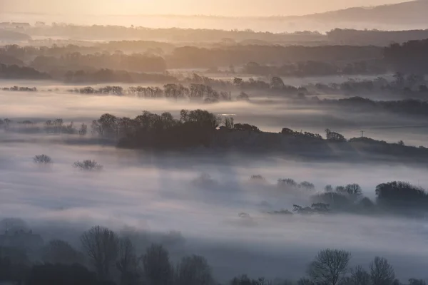 Çarpıcı sisli İngilizce kırsal manzara ile kışın gündoğumu — Stok fotoğraf