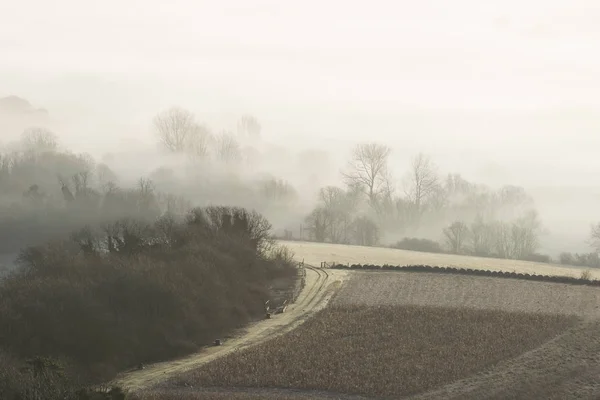 Impresionante niebla Inglés paisaje rural al amanecer en invierno con — Foto de Stock