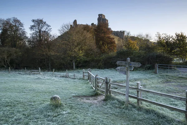 Beautiful Medieval castle ruins on hill in foggy frosty Winter l — Stock Photo, Image