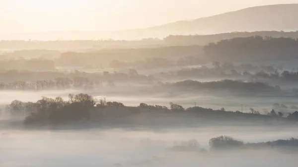 Impressionante nevoeiro Inglês paisagem rural ao nascer do sol no inverno com — Fotografia de Stock
