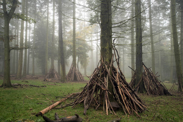 Den building area for children in forest landscape on foggy Autu