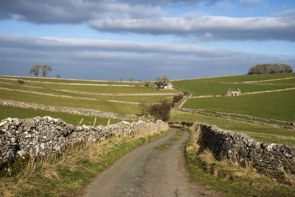 Strada che porta alla vecchia casa colonica nel paesaggio Peak District su str — Foto Stock