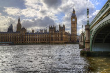 London attractions Big Ben and Westminster Bridge landscape duri clipart