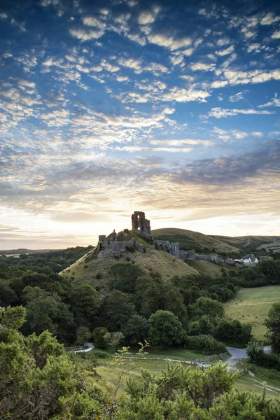 Старый средневековый замок руины в живой летний пейзаж восхода солнца им — стоковое фото