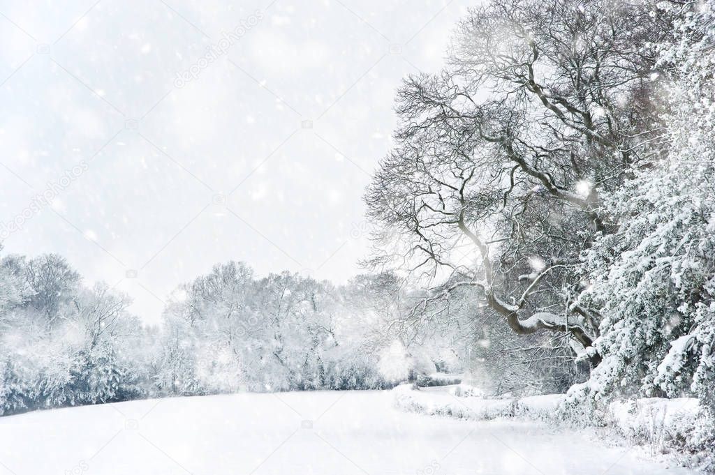 English rural countryside Winter snow landscape in heavy snow st