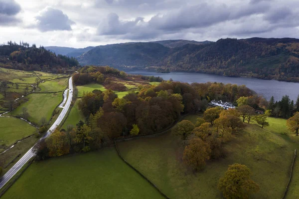 Stunning aerial drone landscape image of glorious vibrant Autumn — Stock Photo, Image