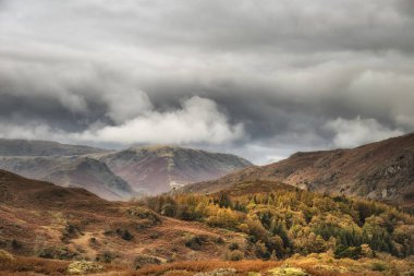Güzel Güz Sonbaharı manzarası Loughrigg 'den karamsar gökyüzü ile dağlara doğru yükseliyor.