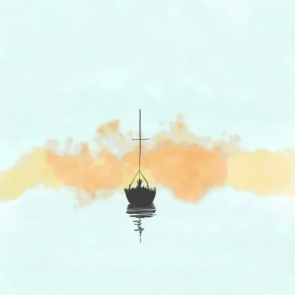 Digitally Created Abstract Watercolor Pastel Colors Sailing Boat Misty Lake — Stock Photo, Image