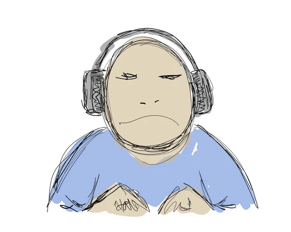 Digitla Sketch Middle Aged Grumpy Man Listening Music Headphones — Stock Photo, Image