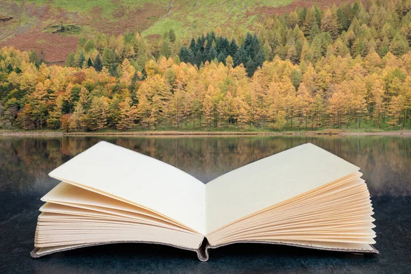 Conceptual Composite Open Book Image Stunning Autumn Landscape Image Lake — Stock fotografie