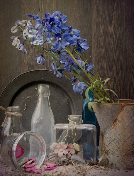 Vacker Vintage Look Appliceras Romantiska Blomma Och Trädgård Paraphenalia Stilleben — Stockfoto