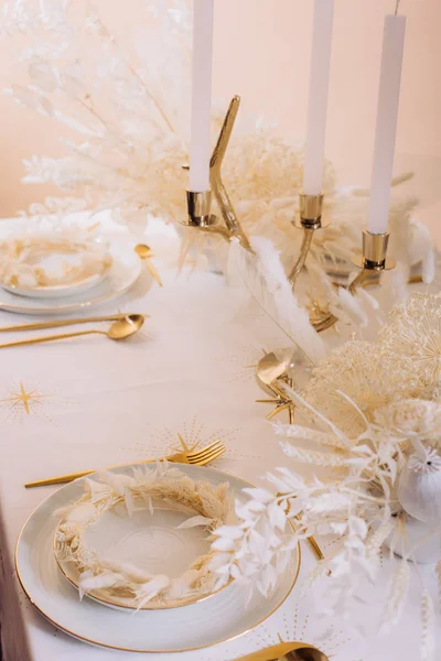 Tableware beige background cutlery candlestick restaurant luxury — ストック写真